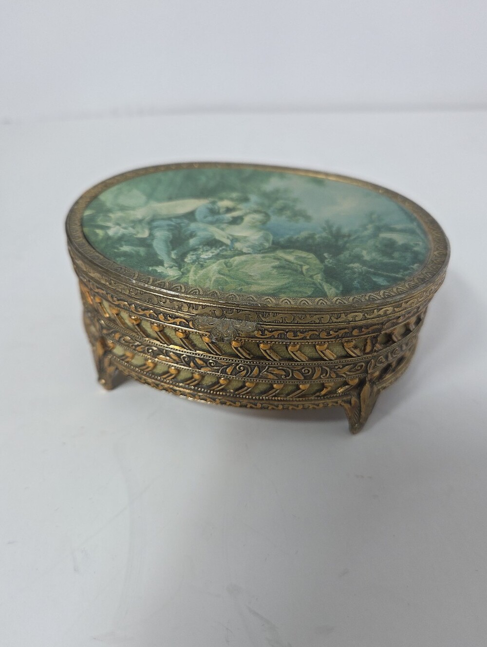 spring by boucher brass trinket box footed lidded mc rocco style velvet lined